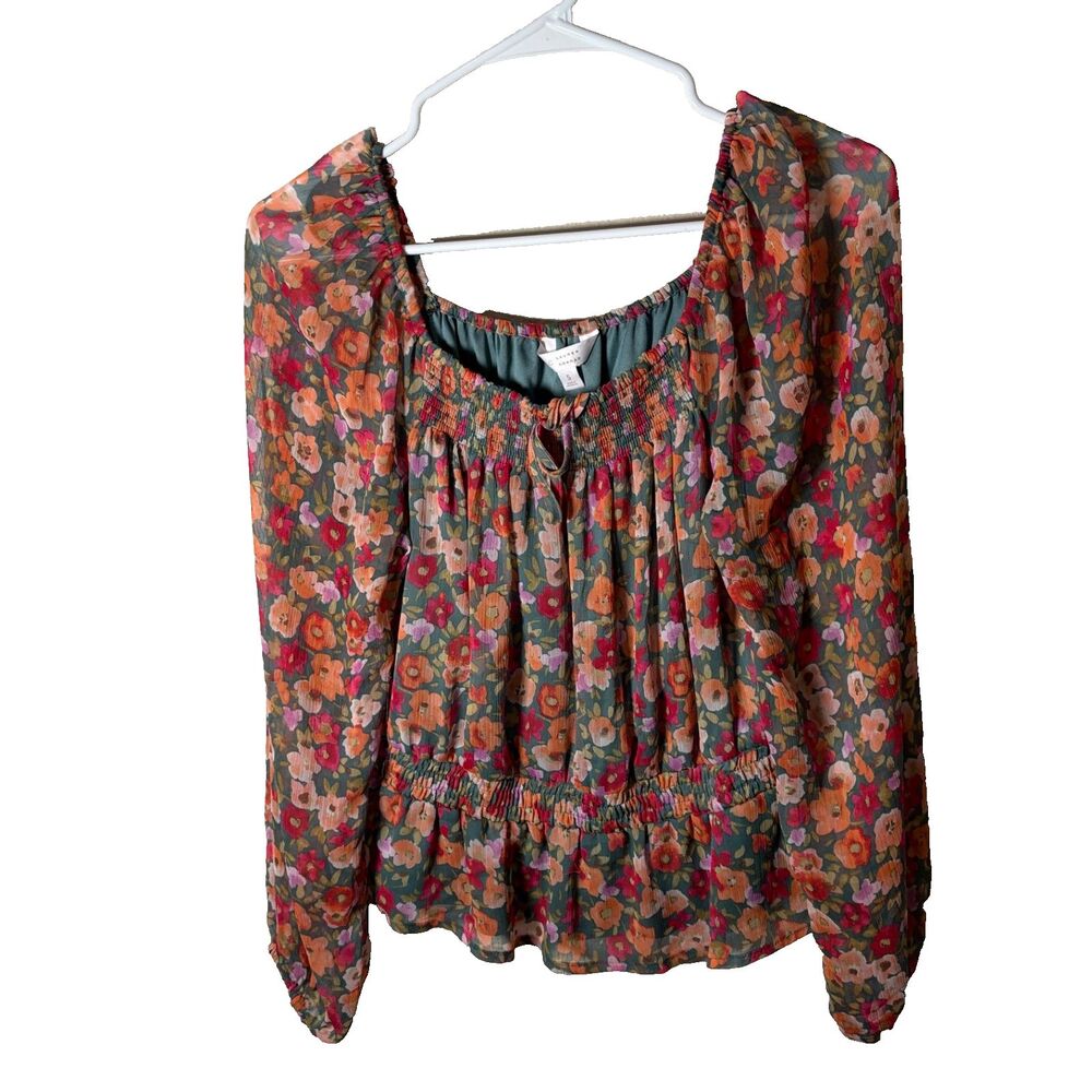 LC Lauren Conrad Blouse Women's Small Square Neck Floral Mesh Long Sleeve Top